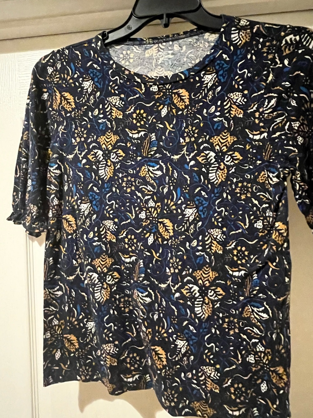 LOFT Navy Floral-Leaf Short Sleeve Tee